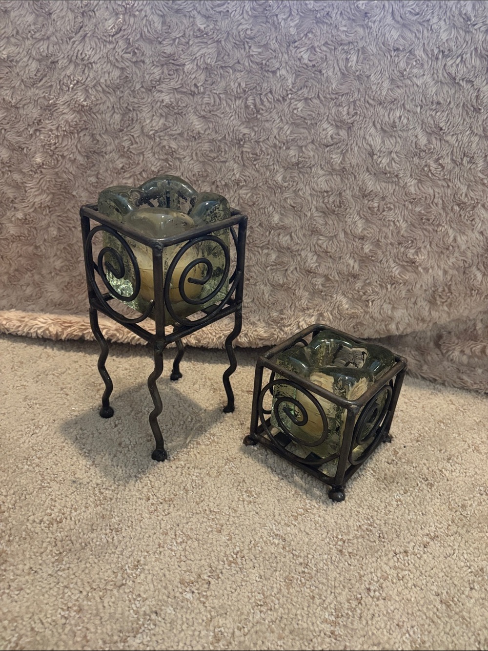Glass Candle Holder with Iron Scroll Frame -
